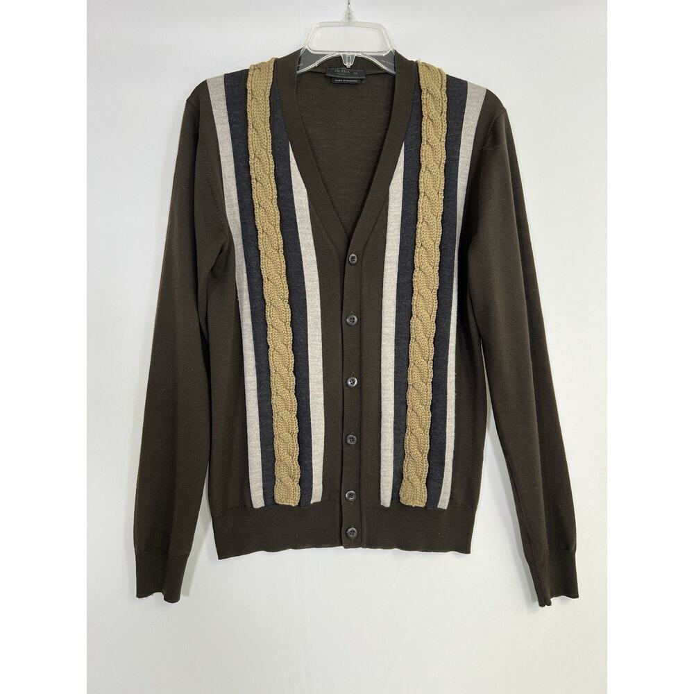Prada Men’s Cable Knit Cardigan Sweater Size 50‎ US M Brown Wool Cashmere